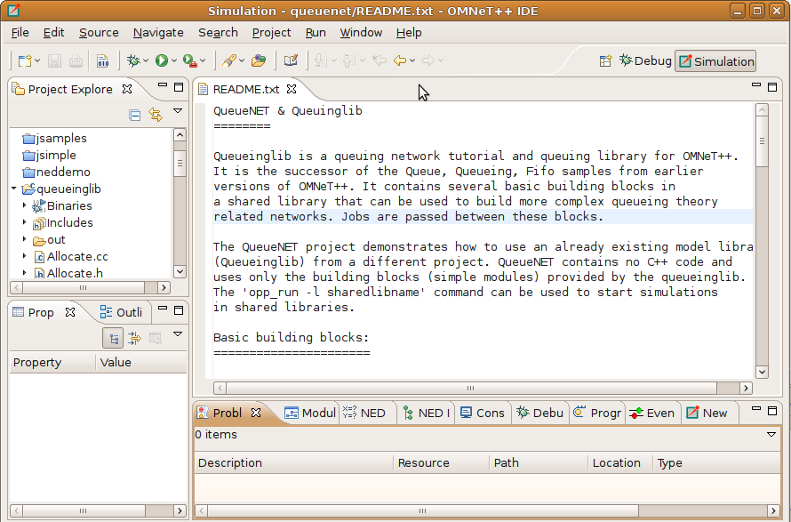 Default layout of the OMNeT⁠+⁠+ IDE
