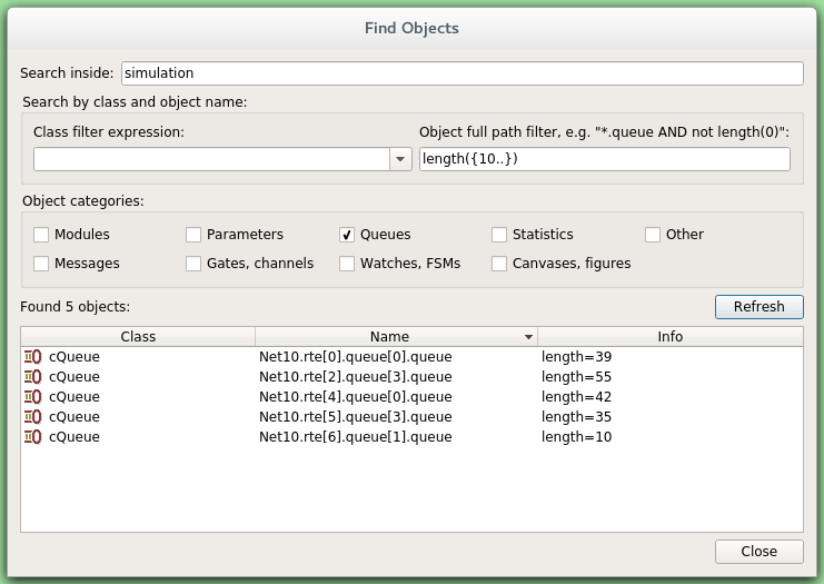 Using the Find/Inspect Objects dialog for finding long queues