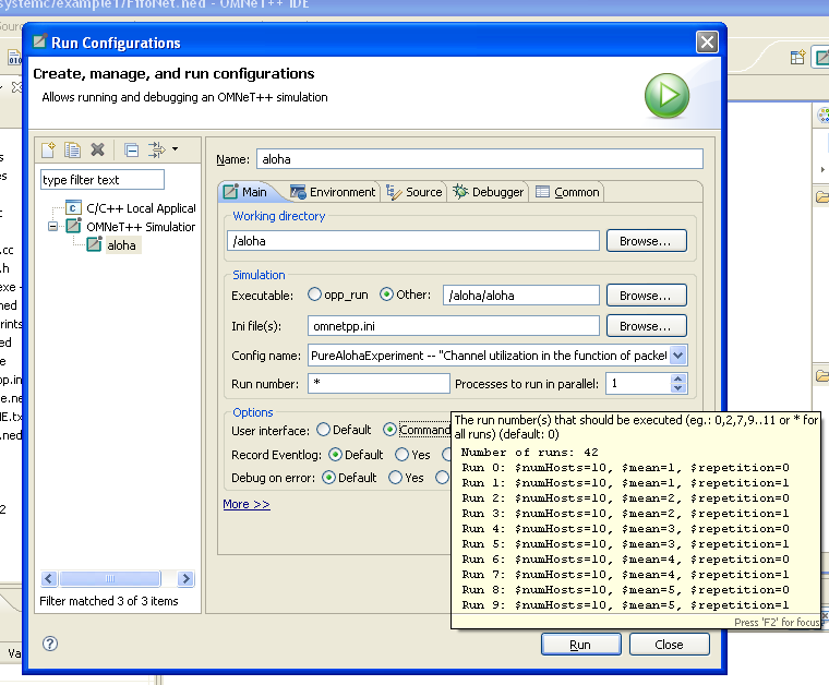 The Run dialog showing a simulation launch configuration